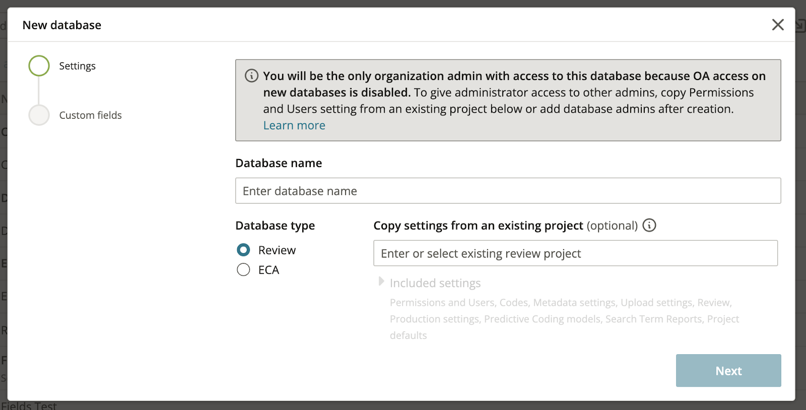 New database dialog - OA access diasbled.png