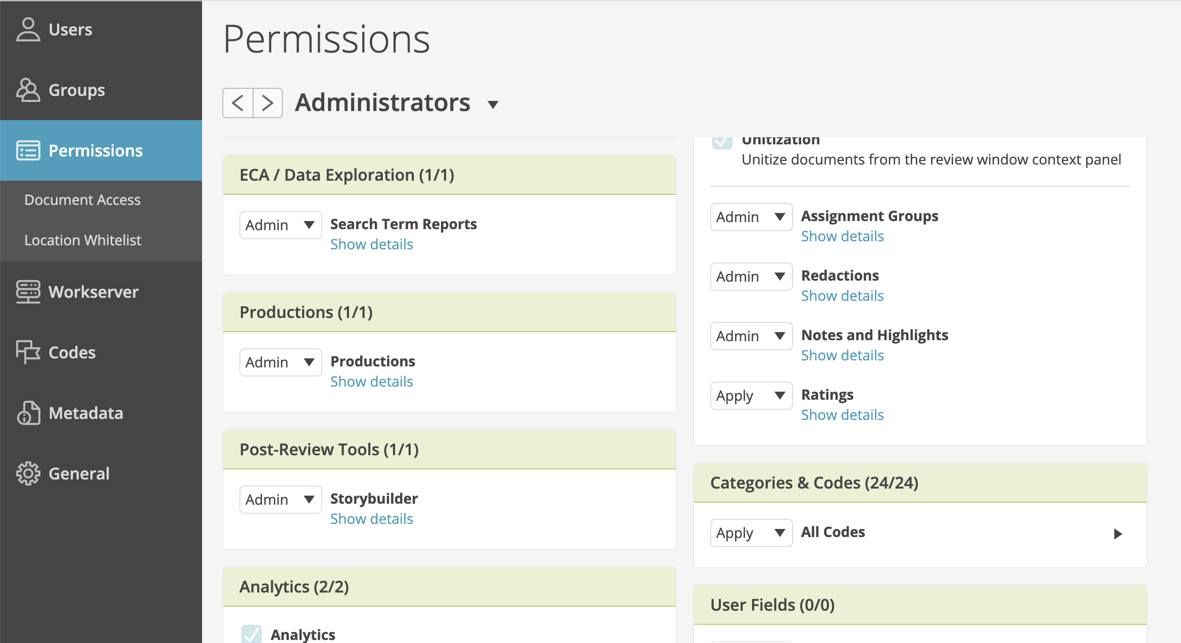 Permissions page open to the Administrators user group