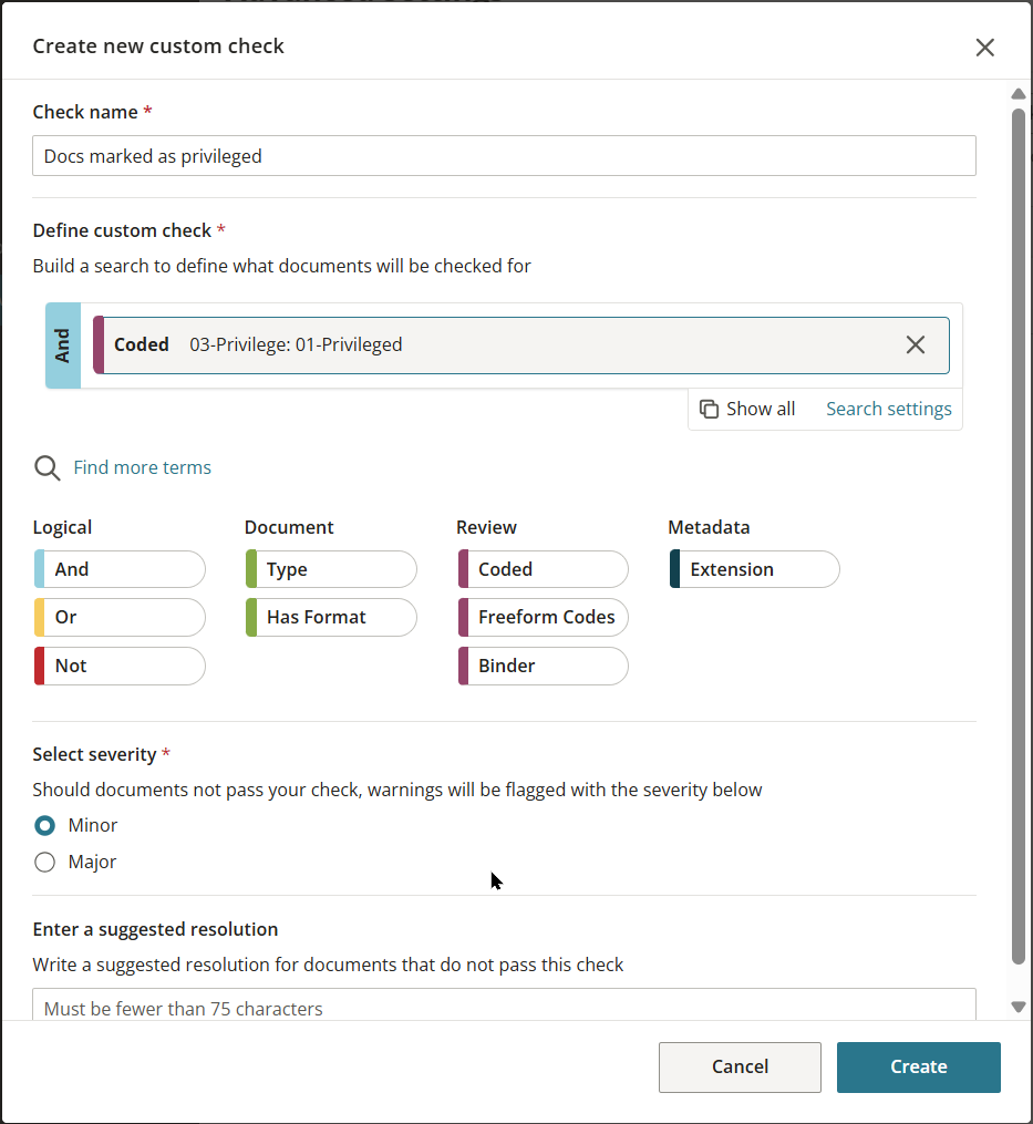 Custom QC check creation dialog