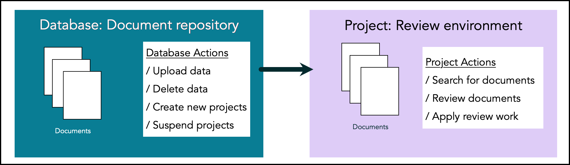 Database actions include uploading and deleting data and creating and suspending projects. Project actions are to search for and review documents