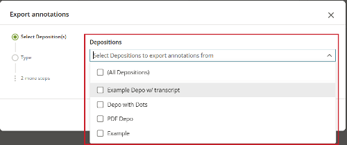 Depositions selector in Export annotations dialog