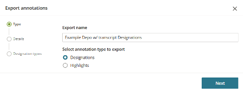 Single-transcript export annotation type step