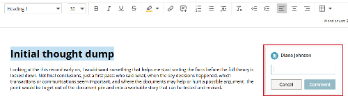Comment box open on the right side of a Draft