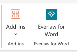 The Everlaw for Word add-in on the Word ribbon, beside the Add-ins button.