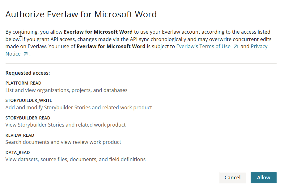 The Everlaw authorization dialog listing the access Everlaw for Word requests, with Cancel and Allow buttons.