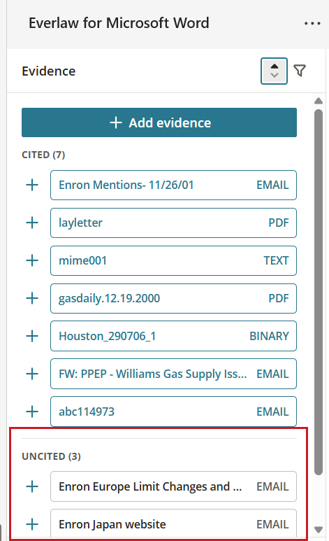The Everlaw for Word evidence panel showing evidence grouped under CITED and UNCITED.