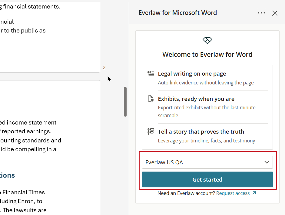 The Everlaw for Word start page with the region dropdown and the Get started button outlined in red.