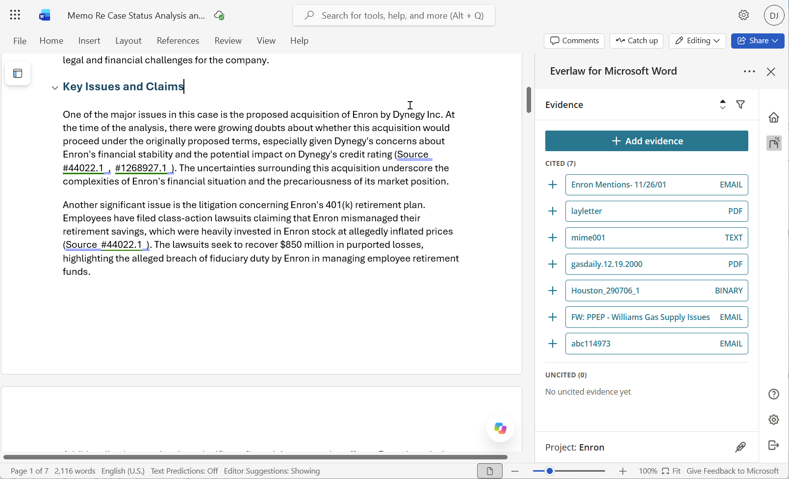 A Word document with the Everlaw for Word evidence panel open, listing cited evidence beside the draft.