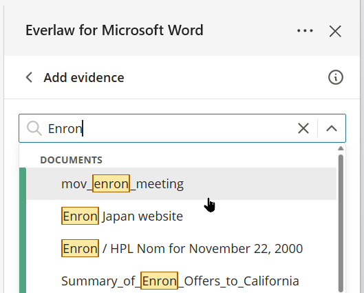 The Add evidence search field with a search term entered and matching documents listed below.